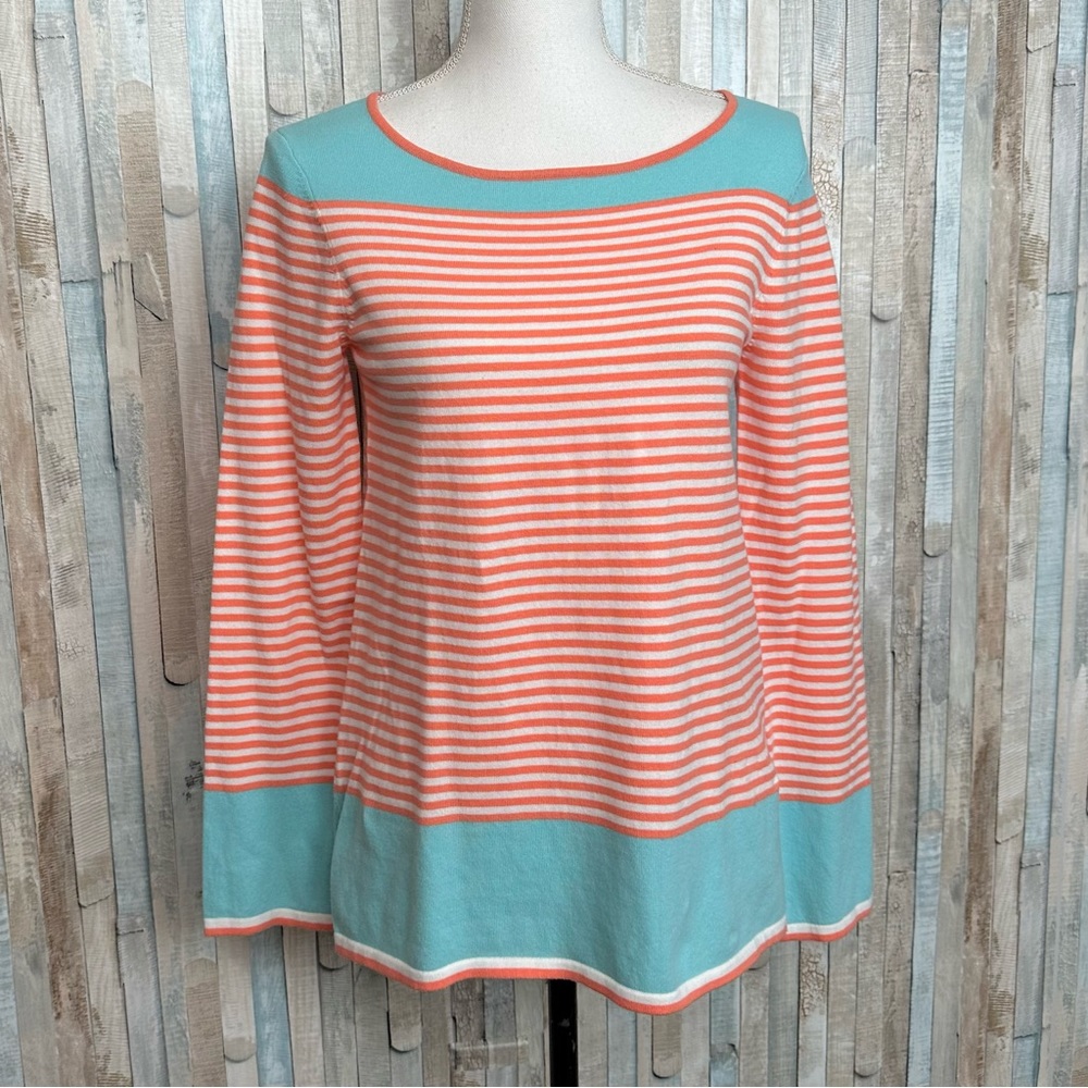 Sail To Sable XS Bright Striped Cotton Knit Pullover Sweater Top Preppy Coral